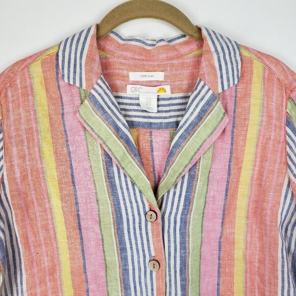 C&C California womens Medium multicolor rainbow stripe linen cropped camp shirt - Picture 3 of 6